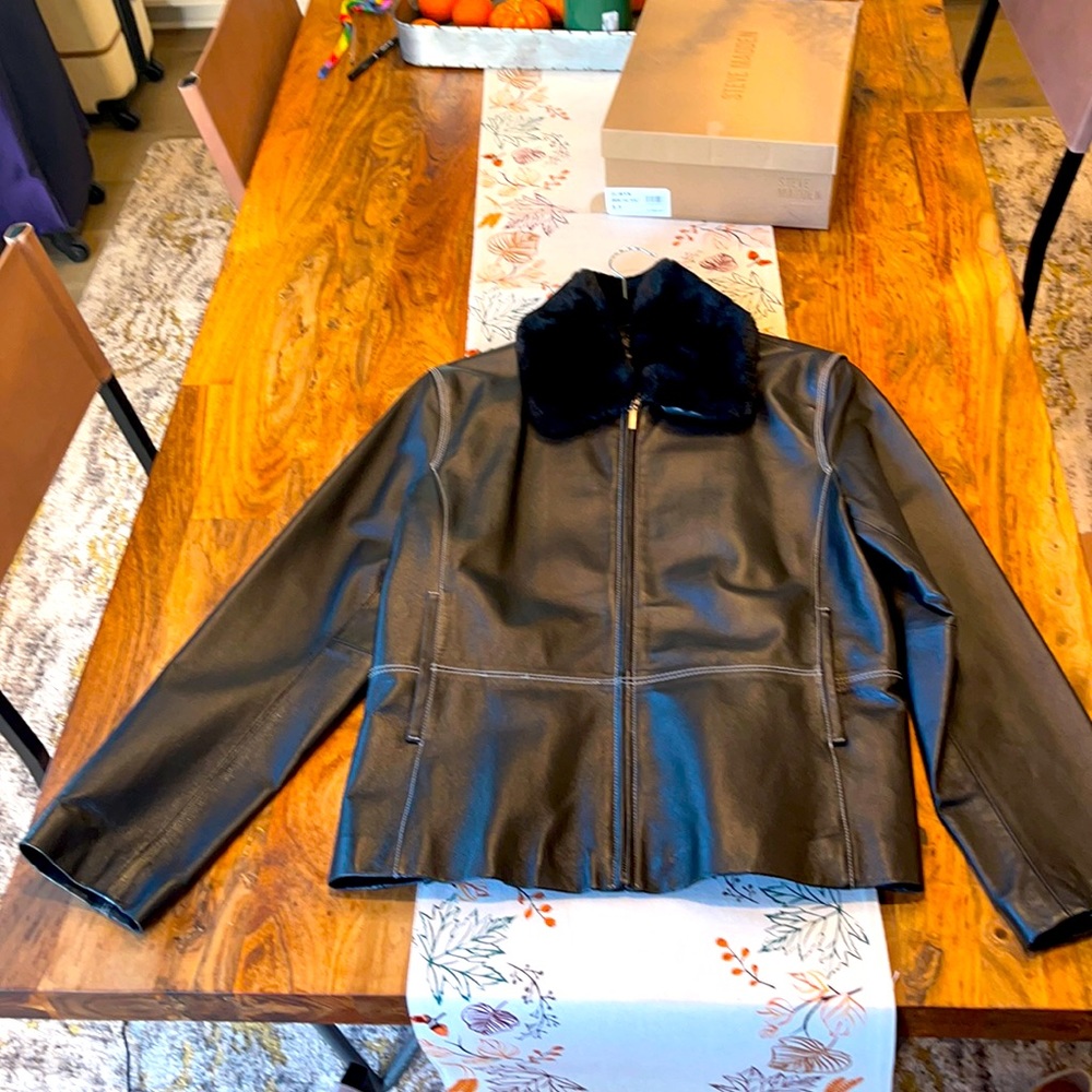 Black Faux Leather Jacket with Fur Collar